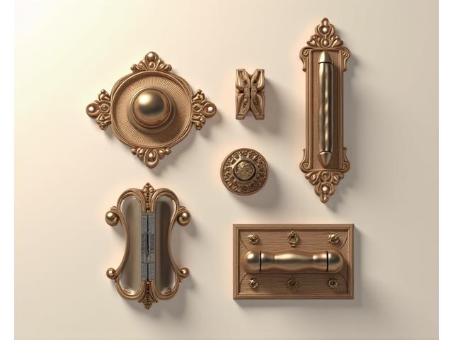 Assortment of highly detailed, customized 3D printed metal door hardware and components
