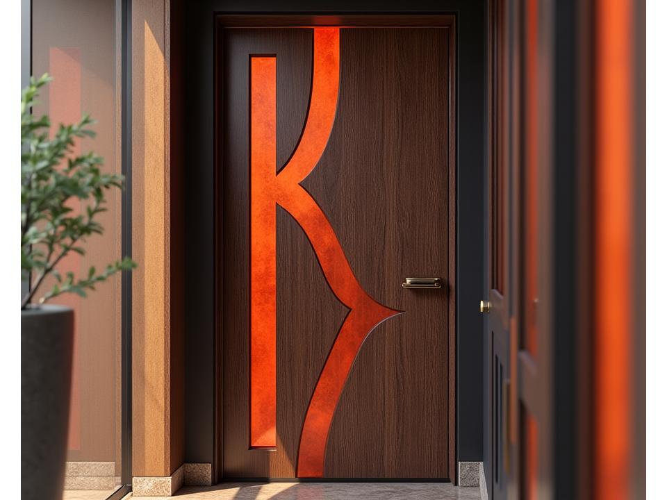 Vibrant, uniquely designed wooden door with geometric patterns and bold colors, acting as an artistic focal point in a contemporary apartment